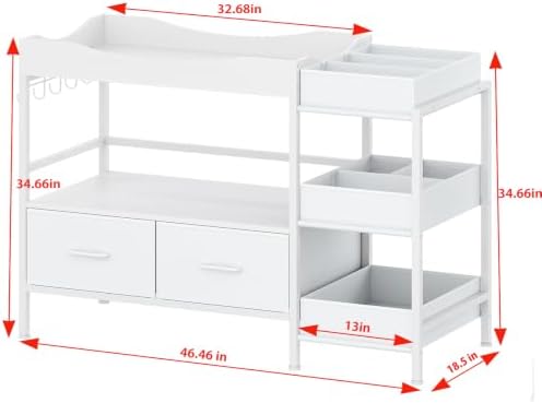 Baby Changing Table with Storage,Heavy-Duty Diaper Changing Station, White Nursery Dresser Organizer with 2 Large Fabric Baby Drawers, 3 Diaper Caddy Bin & Wood Shelf, Kids & Baby Bedroom Furniture