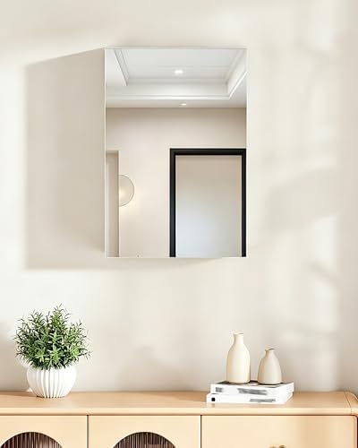 CHOEZON Bathroom Medicine Mirror Cabinet, 13.8'' x 19.7'', Wall-Mounted Bathroom Vanity with Mirror, Bathroom Medicine Cabinet with Storage Function, Hanging Storage Cabinet, Adjustable Shelves, White