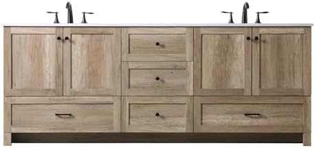 84" Pre-Assembled Bathroom Vanity with Sink, Engineered Wood, Ivory White Engineered Marble Countertop Attached, Double Rectangle Porcelain Sink, 5 Soft-Close Drawers, Natural Oak