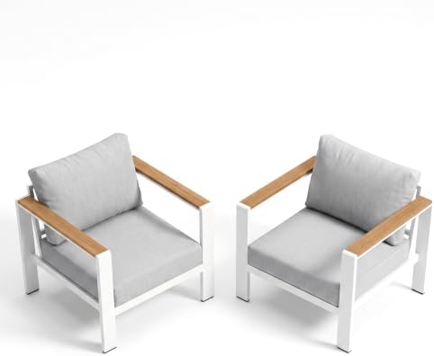 Aluminum Outdoor Patio Armchair, All-Weather Patio Couch Set of 2 with Thick Removable & Washable Cushions, Rustproof Heavy-Duty Outdoor Chairs for Deck, Porch, Yard, Garden, Poolside, Indoor, White