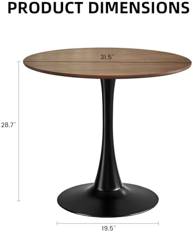 Round Dining Table, 31.5" Circle Tulip Table with Thickened Tabletop & Metal Pedestal, Mid Century Modern Bistro Table for Kitchen, Small Places, Living Room, Cafe (Faux Walnut)