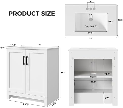 LIKIMIO 30" Bathroom Vanity with Sink, 2 Soft-Close Doors, White | Freestanding Bathroom Vanity, Integrated Ceramic Sink, Modern Bathroom Storage Cabinet for Small Bathroom, Easy Assembly