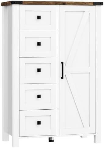 VVFLU Farmhouse Dresser Storage Cabinet Chest of Drawer for Bedroom, 5 Drawer Dresser with Barn Door, 48 Inch Tall White Wood Dresser, Adjustable Shelves, Rustic, for Living Room, Entryway, Hallway