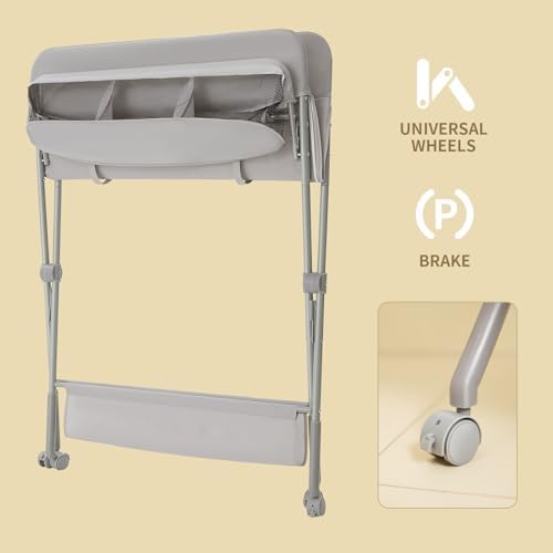 KARAOK Baby Changing Table with Wheels, Portable Diaper Changing Station with 4-Level Height Adjustment & Storage Rack for Newborn, Infant(Light Grey)