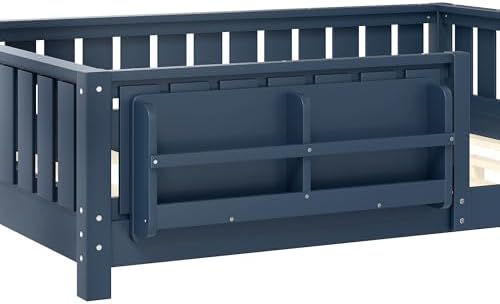 Bellemave Full Size Floor Bed with Slats and Guardrails, Full Size Montessori Floor Bed with Bookcase and Fence, Low Profile Montessori Beds for Kids, Blue Floor Beds Frame