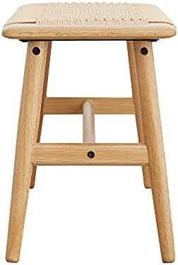 100% Solid Oak Wood Dining Bench, Hand Woven Dining Bench with Trapezoid Leg, Boho Otoman Footrest for Living Room Kitchen Entryway