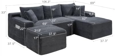 106-Inch Oversized U-Shaped Right Facing Corner Compressed Sofa Modular Boneless Cloud Sectional Sofa Floor Foam Couch W/Chaise & Ottoman, Corduroy Corner Boneless Cloud Couch