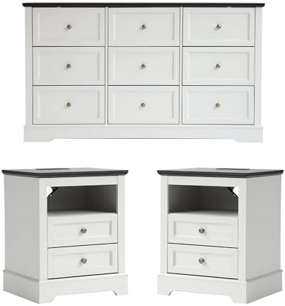 KIGOTY Farmhouse Bedroom Set, 3 Pcs Dresser and Nightstand Sets, 9 Drawer Dresser & 2 Drawer Nightstand Set with Charging Station,Rustic Wood Bedroom Furniture Set for Home
