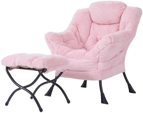 Tiita Lazy Chair with Ottoman, Comfy Reading Accent Chair, Plush Pink