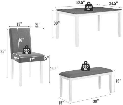 Zevemomo 6-Piece Solid Wood Dining Table Set, Wooden Legs, Grey & White