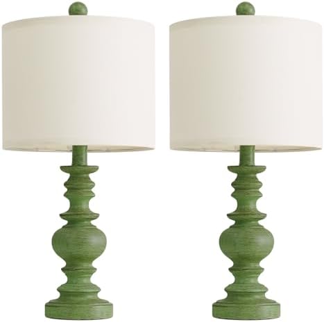BOBOMOMO 20" Sage Green Table Lamps Set of 2 – Farmhouse Resin Bedside Lamps with Linen Shades, Handcrafted Traditional Rustic Lamp for Bedroom, Living Room, or Corner – Ideal for Small Spaces