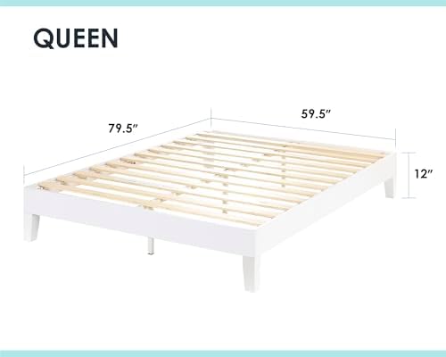 Mellow Naturalista Grand 12 Inch Solid Wood Platform Bed with Wooden Slats, Easy Assembly, Queen, White