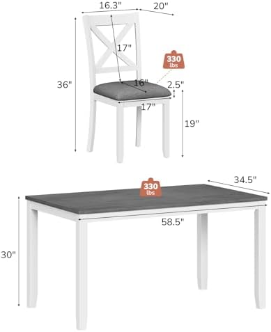 Zevemomo 7-Piece Solid Wood Dining Table Set, Farmhouse Wooden Legs, White