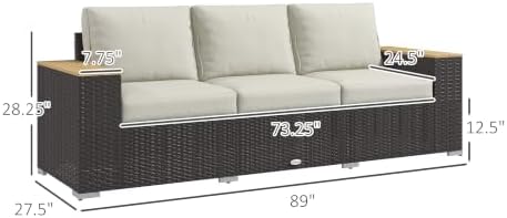 Outsunny 3-Seat Outdoor Patio Sofa Couch 24.5" Wide Deep Seats Beige