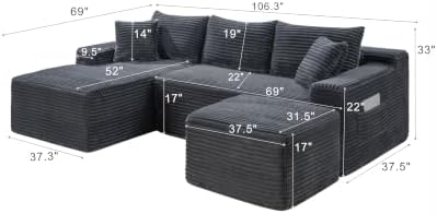 106-Inch Oversized U-Shaped Left Facing Corner Compressed Sofa Modular Boneless Cloud Sectional Sofa Floor Foam Couch W/Chaise & Ottoman, Corduroy Corner Boneless Cloud Couch