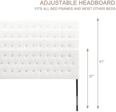 Upholstered Headboard California King, Adjustable Height 37''- 51'', White