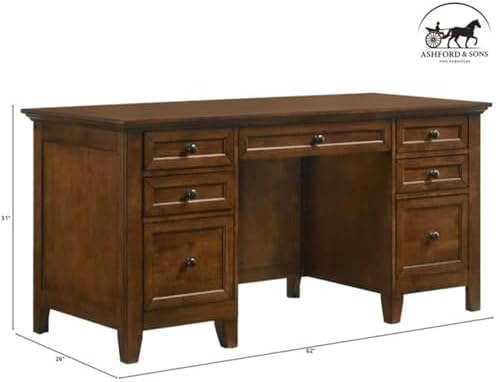 Ashford & Sons 62" Solid Hardwood Executive Desk, Tuscan Brown Finish, Durable Office Desk with 5 Utility Drawers, 2 File Drawers, Smooth Glides, Compact Design for Home Office Use
