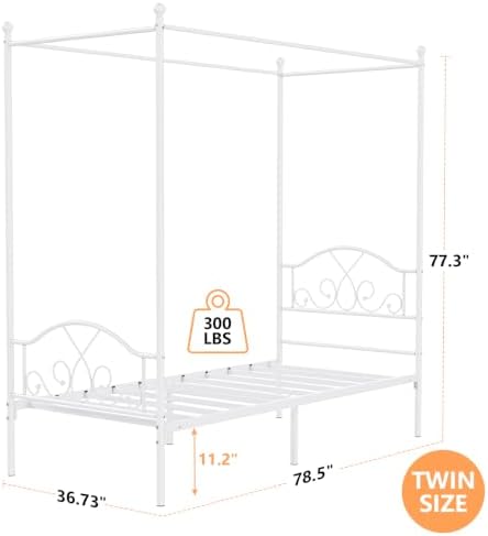 Twin Princess Canopy Bed Frame with 4 Posters, Twin Size Bed for Kids Girls