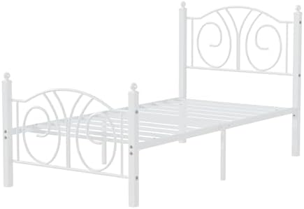 VECELO Twin Size Metal Platform Bed Frame with headboard and Footboard, Heavy Duty Mattress Foundation, Steel Slat Support, No Box Spring Needed, Easy Assembly, Pure White