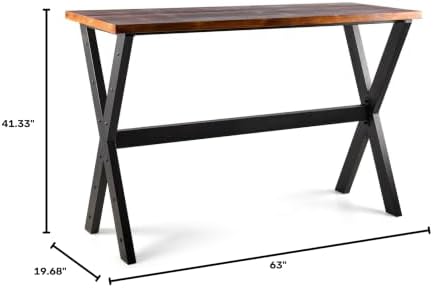 Bar Table, 63"L×41.33"H Bar Height Pub Table High Top Rectangular Sofa Console Table Kitchen Dining Coffee Table, for Narrow Space, Living Room, Indoor, Rustic Brown Wood, Industrial Black Metal