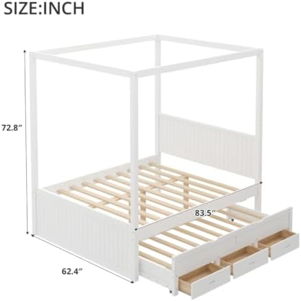 SANOFI Queen Size Wood Canopy Bed with Twin Size Trundle, White