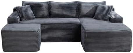 106-Inch Oversized U-Shaped Right Facing Corner Compressed Sofa Modular Boneless Cloud Sectional Sofa Floor Foam Couch W/Chaise & Ottoman, Corduroy Corner Boneless Cloud Couch