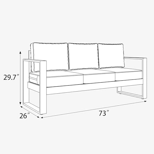 LayinSun Outdoor Patio Aluminum Sofa, Metal Modern 3-Seat Couch with Washable Thick Cushions