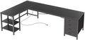 Huuger 63 Inch L Shaped Desk with Fabric Drawers, Reversible Computer Gaming Desk with Power Outlets and USB-C Port, Adjustable Side Storage Shelves, for Work Study Corner Home Office, Black
