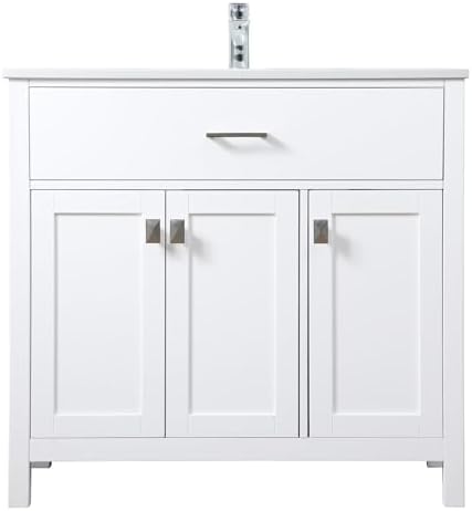 36" Pre-Assembled Bathroom Vanity with Sink, Engineered Wood, Calacatta White Engineered Marble Countertop Attached, Single Rectangle Porcelain Sink, White