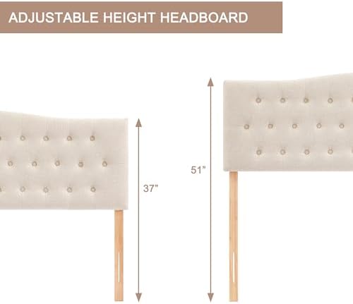 Tufted Headboard King Size, Solid Wood Adjustable Height Head Board, Beige
