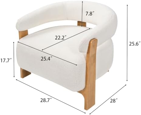 Merax 28.7'' Mid-Century Modern Boucle Accent Chair with Solid Wood Frame, Curved Arm Barrel Chair Upholstered Boucle Fabric Lounge Chair for Living Room, Bedroom & Office, Off-White + Natural