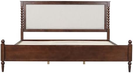 Merax King Size Solid Wood Platform Bed Frame, Upholstered Headboard & Classic Spindle & with Fabric Panel, No Box Spring Needed, 500 lbs Capacity Timeless Traditional for Bedroom, Brown