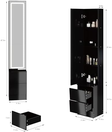 LED Full Length Mirror Jewelry Cabinet with Storage, 3 Color Adjustable Lighting Dressing Mirror Armoire, Large Standing Vanity Mirror Organizer Cabinet for Makeup & Jewelry Storage (black)
