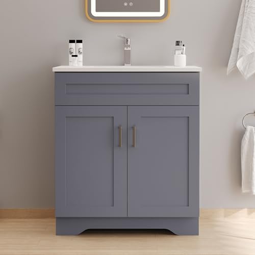 Bathroom 30" Vanity with Ceramic Sink, Wooden Double Door Bathroom Storage Cabinet, Freestanding Cabinet Vanity with Sink (Paint, Grey,30")