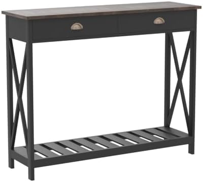 ChooChoo Farmhouse Console Table with Drawer for Entryway, Narrow Long Entry Table with Shelf for Living Room, Rustic Vintage Hallway Sofa Table with Stable X Supports, 40 Black