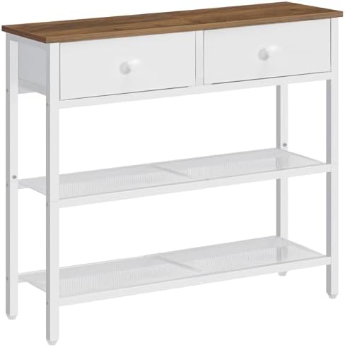 HOOBRO 29.5" Narrow Console Table with 2 Fabric Drawers, Sofa Table, Small Entryway Table with 3-Tier Storage Shelves, Behind Couch Table, for Living Room, Hallway, Walnut and White WH72XG01