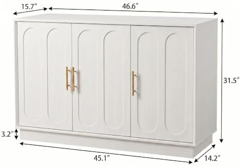 holzart 46.6" Modern Farmhouse 3 Door Storage Cabinet, White Sideboard Buffet with Gold Handles, Large Fluted Wood Credenza for Dining Room, Living Room, Coffee Bar