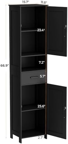 Homhedy 67" H Tall Bathroom Storage Cabinet with Barn Doors and Drawer | Narrow Storage Unit with Adjustable Shelves, Floor Cabinet for Bathroom, Living Room, Entryway or Kitchen, Black, 15.7" W