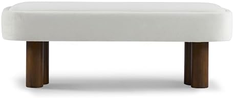 Christopher Knight Home Damas Fabric Upholstered Dining Bench, Wooden Entryway Bench, Long Sofa Footstool for Living Room, Bedroom End of Bed Bench, Milky White+Walnut