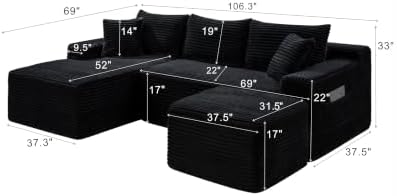 106-Inch Oversized U-Shaped Left Facing Corner Compressed Sofa Modular Boneless Cloud Sectional Sofa Floor Foam Couch W/Chaise & Ottoman, Corduroy Corner Boneless Cloud Couch