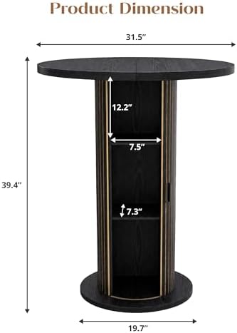 Bar Table with Storage and Sliding Door, 39.4” H 31.5” W Small Round Kitchen Table, Home Bar High Top Cocktail Table for Kitchen, Coffee Bar, Living Room, Black