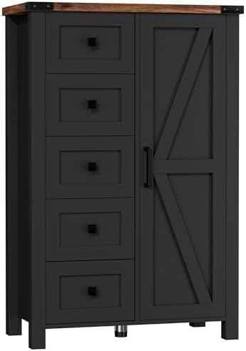 VVFLU Farmhouse White Dresser for Bedroom with 4 Drawers and 2 Barn Doors, Black Wood Chest of Drawers 47 Inch Wide, Large, Long, Adjustable Shelves, 5 Legs, Living Dining Room, Entryway, Hallway