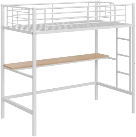 VECELO Loft Bed Twin Size with Desk, Metal Bedframe with Removable Ladder and Safety Guardrail, No Box Spring Needed, Space Saving, Noise Free, Pure White