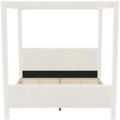 Queen Size Canopy Bed with Upholstered Headboard & Footboard, Beige