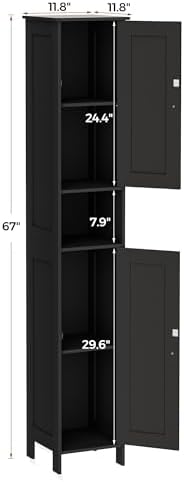 Homleke Tall Bathroom Storage Cabinet with 2 Doors, Slim Bathroom Cabinet | Narrow Storage Cabinet with Adjustable Shelves, Reversible Door, Easy Assembly, for Bathroom, Living Room, Black, 11.8''W