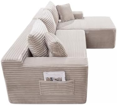 95" L-Shaped Right Facing Cloud Sectional Couch for Living Room, Modular Compressed Boneless Sectional Sofa Corduroy Boneless Corner Foam Sofa W/Chaise Lounge and Pillows