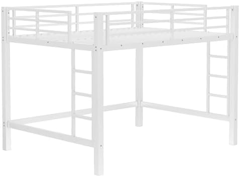 Bellemave Queen Size Loft Bed Frame with 2 Ladder, Sturdy Metal Construction & High Guardrail, Space-Saving Queen Loft Bed for Kids, No Box Spring Needed, Safe for Kids, Adults, Teens, Dorms, White