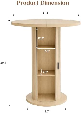 Bar Table with Storage and Sliding Door, 39.4” H 31.5” W Small Round Kitchen Table, Home Bar High Top Cocktail Table for Kitchen, Coffee Bar, Living Room, Oak