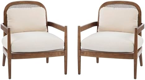 Christopher Knight Home Nadine Wooden Club Chairs Set of 2, Club Chair, Rattan Open Back Armchair, Accent Reading Sofa Chair with Cushions, Accent Chairs Set for Living Room Bedroom, Beige Stripe