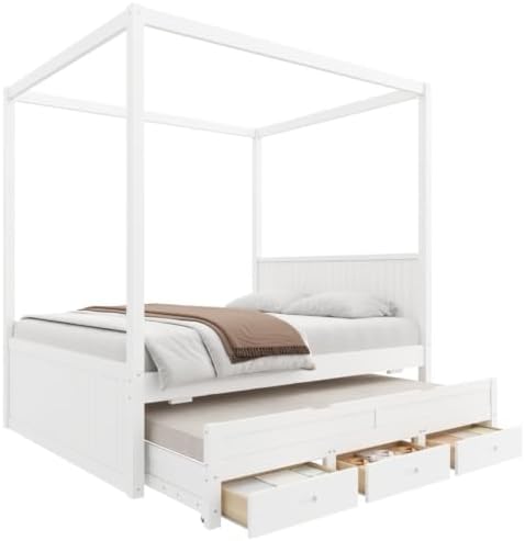 SANOFI Queen Size Wood Canopy Bed with Twin Size Trundle, White